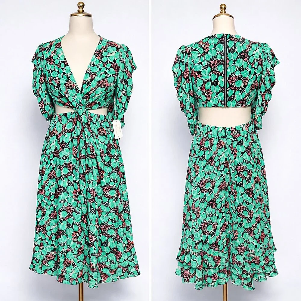 Rosevelvet Floral Cutout Midi Dress Mint Green Puff Sleeve Tie Front Boho Size M - Picture 2 of 9